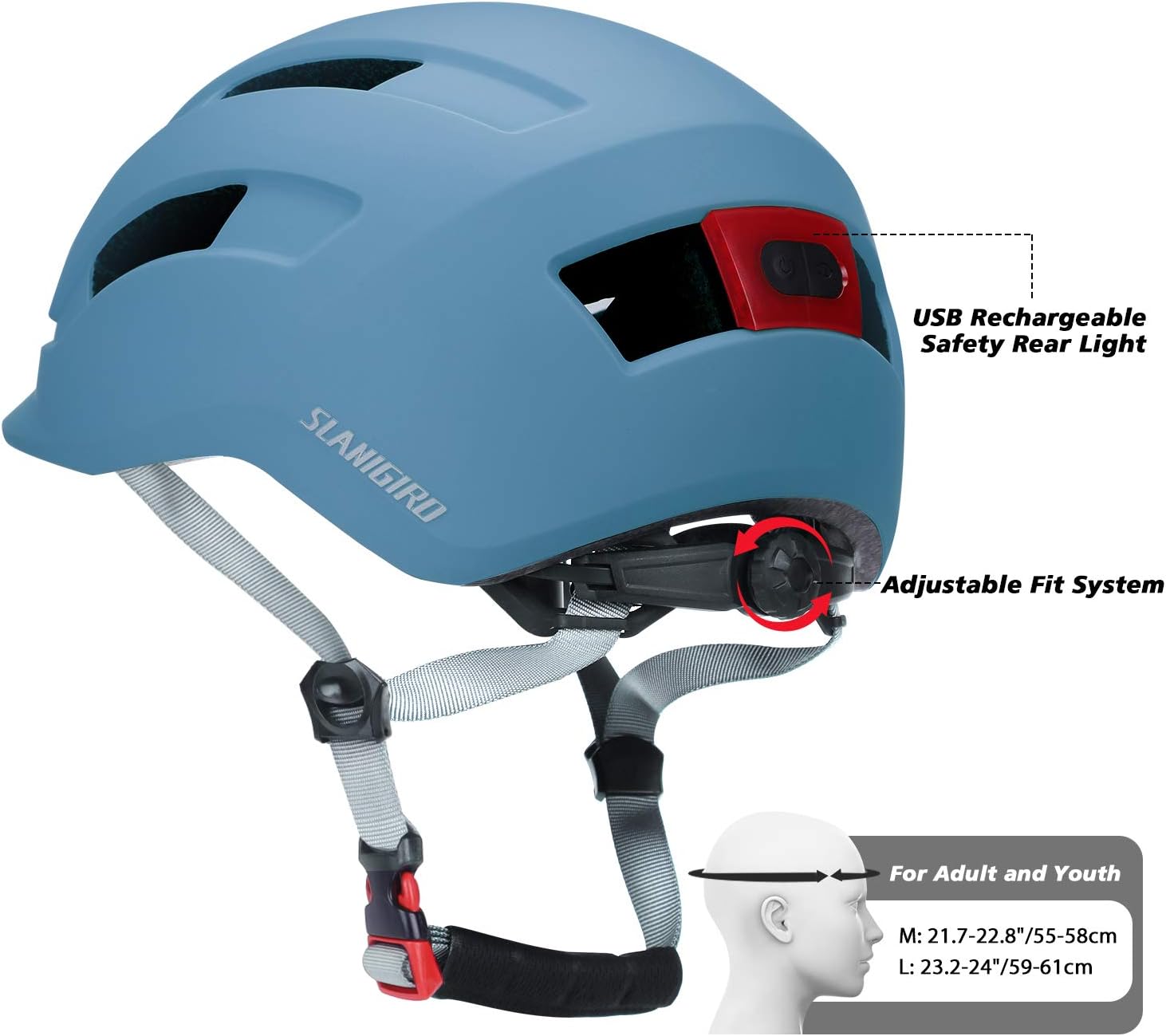 Adult Urban Bike Helmet - Adjustable Fit System & Integrated Taillight